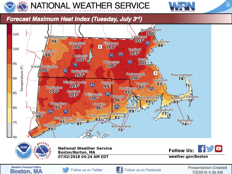 Weather Map for July 3, 2018, showing extreme high temperatures throughout Massachusetts