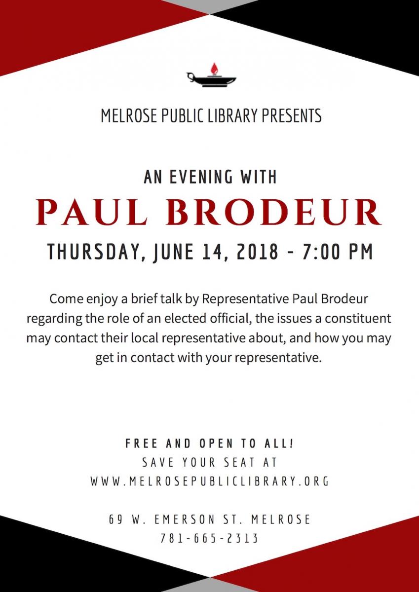 Poster for Rep Brodeur talk, 8 p.m. on June 14 at Melrose Public Library