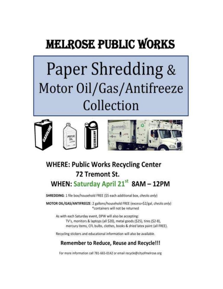 Paper Shredding and Motor Oil Collection at City Yard on April 21