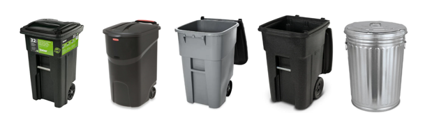 Photo of five different trash barrels with lids