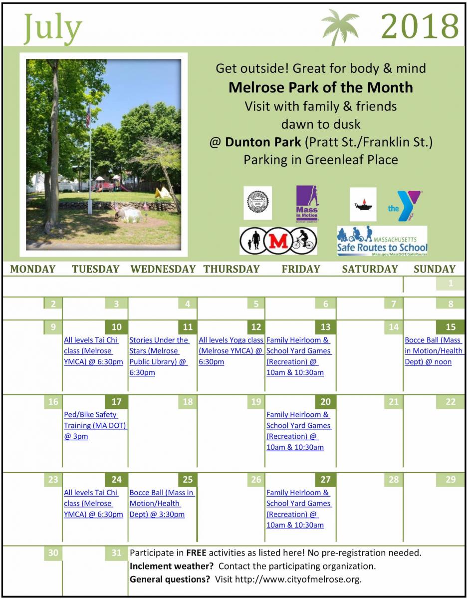 Calendar of events in Dunton Park, July 2018