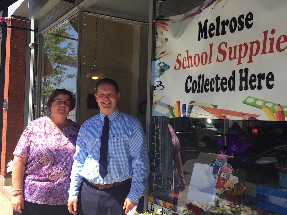 Photo of Mayor Infurna and Chris Cinella to publicize the School Supplies Drive