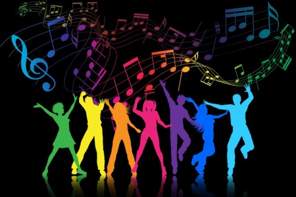 Graphic of multicolored people dancing beneath musical notes