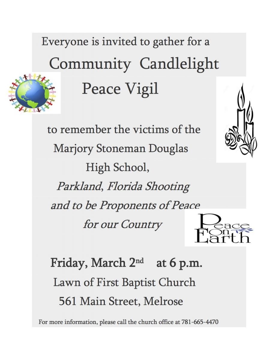 Poster for peace vigil at 6 p.m. on March 2 at First Baptist Church, Melrose
