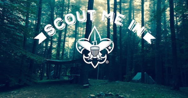 Image of forest with Scout logo and the phrase &quot;Scout Me In&quot;