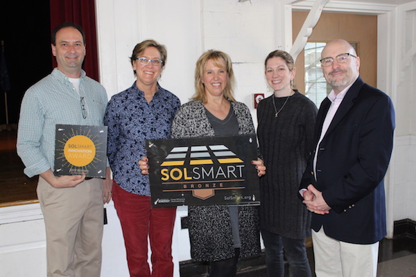 Pictured here is the Melrose Highlands Congregational Church; Big Roof Solar coordinators Jeff Doody and Lori Timmermann, Sustainability Manager Martha Grover, State Representative Kate Lipper-Garabedian, and Mayor Paul Brodeu