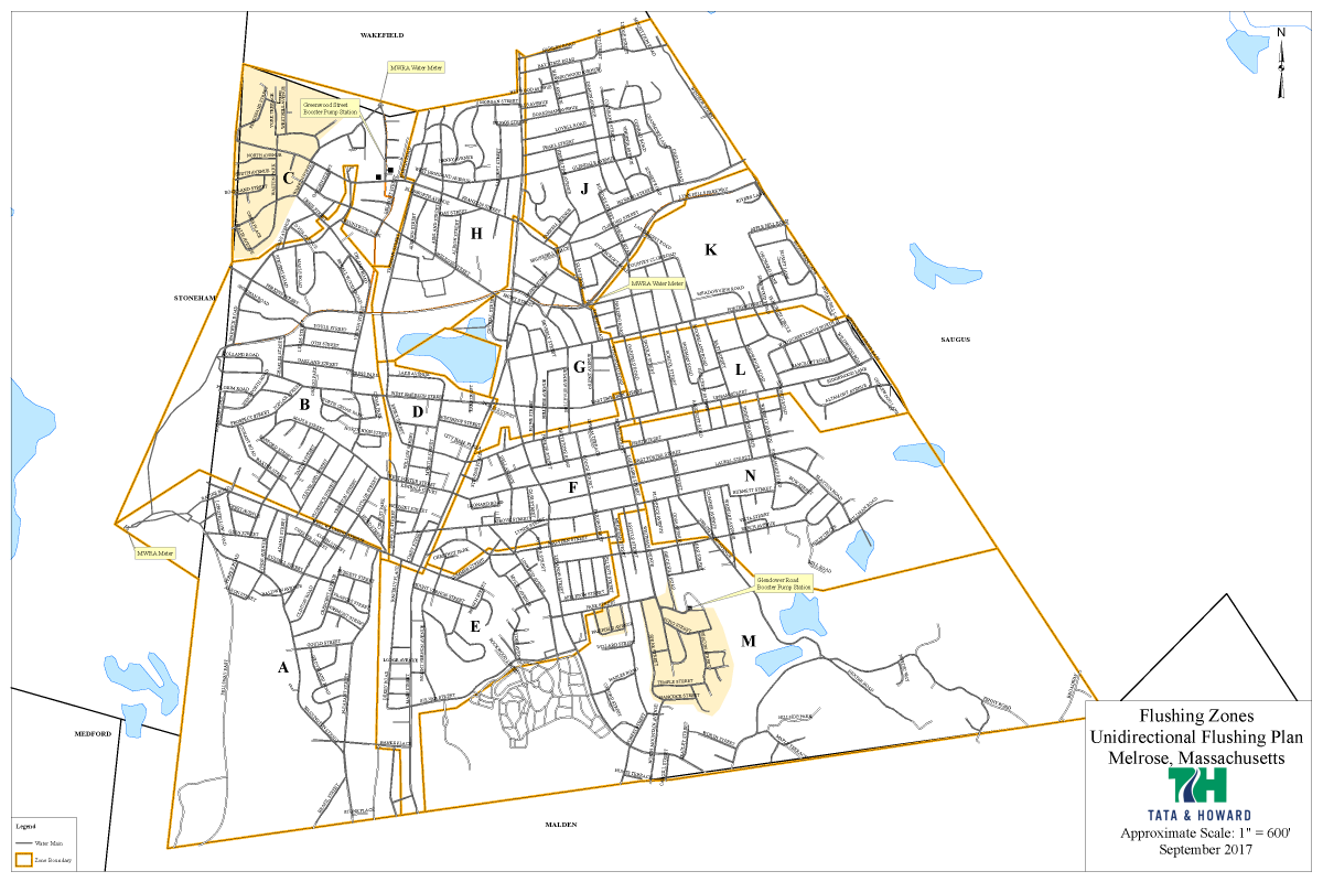 Map of Melrose divided into water flushing zones