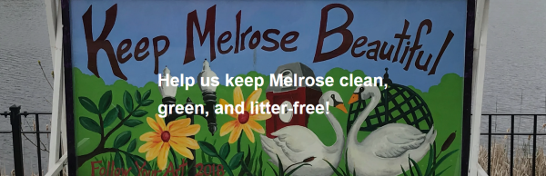 Keep Melrose Beatiful sign with flowers and swans