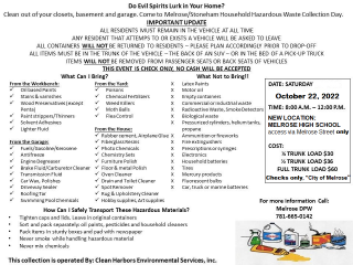 October 22nd Hazardous Household Waste Event at Melrose High School 8 AM-12 PM. Dos and Don'ts, location, and pricing flyer.