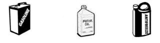 Black and white cartoon images of cans of Gasoline, Motor Oil, and Antifreeze