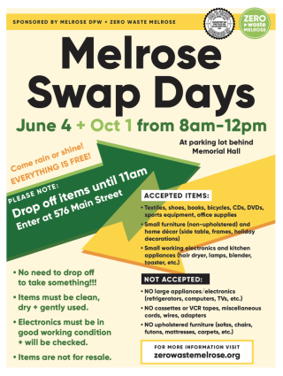 Melrose Swap Day is on October 1, 2022 from 8 AM-12PM!  Do not have to bring something to take something -- everything is free!