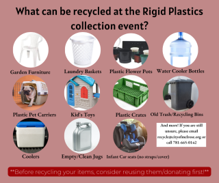 List of acceptable items for rigid plastics recycling event on 10/14