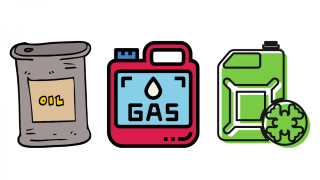 Cartoon image of oil, gas, and antifreeze containers 