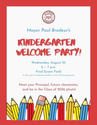 Kindergarten Welcome Party graphic with colored pencils.