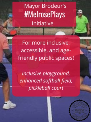 Text in red boxes over picture of people playing pickleball 