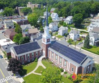 Aerial photo of solar installations on the roof of the Melrose HIghlands Congregational Church