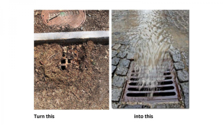 Two pictures, first shows storm drain clogged with leaves and debris. Second shows a cleared storm drain with water flowing in.