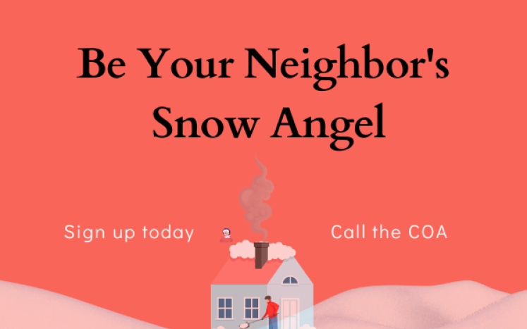 Snow Angel: House on snow with a person shoveling