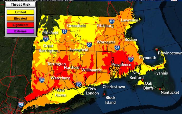 Map of heat patterns concentrated toward Boston and Providence