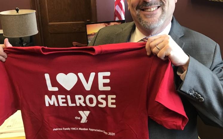 Photo of Mayor Brodeur with I Love Melrose T-shirt