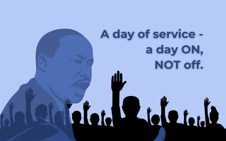 MLK Jr., People with hands raised as if to volunteer.