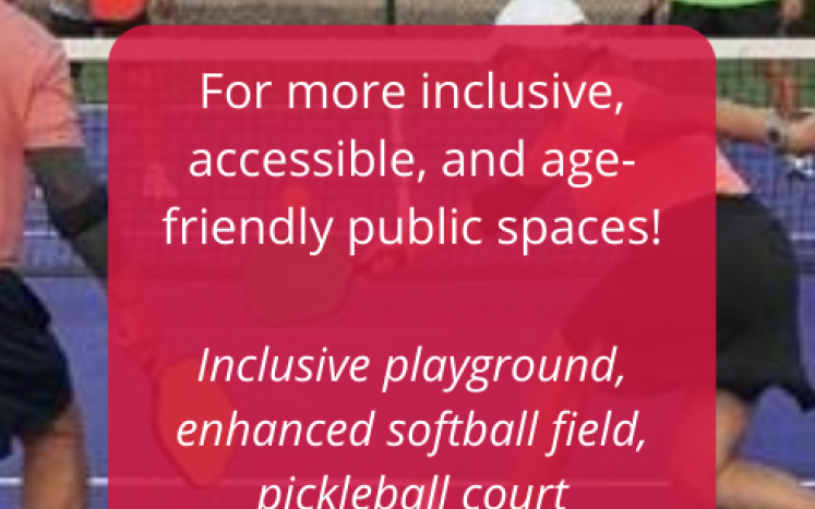 Text in red boxes over picture of people playing pickleball 