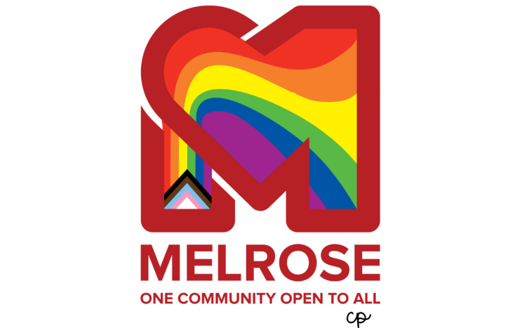 Melrose Pride Logo: One Community Open to All in Rainbow Colors