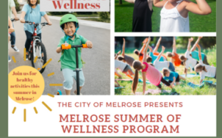 Melrose Summer of Wellness Program photos of kids on scooters and playing in a grassy area